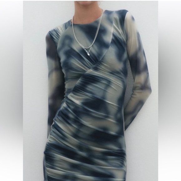 Zara Printed Tulle Long Sleeve Bodycon Dress Size L - Picture 3 of 10
